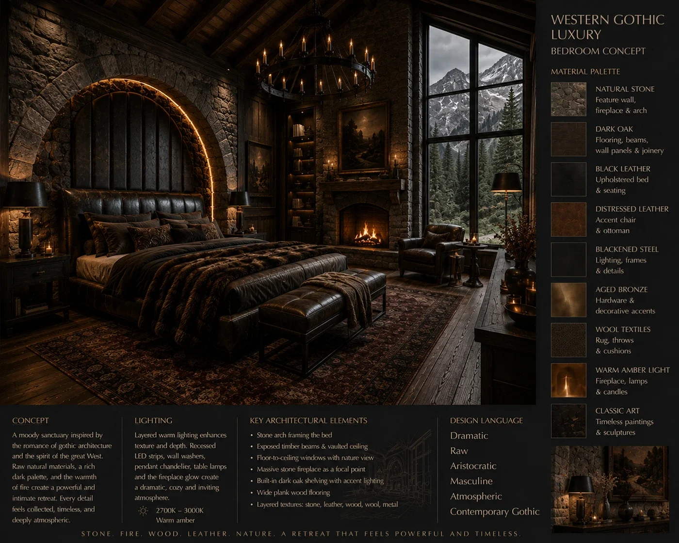 Western Gothic Luxury bedroom concept board: natural stone, dark oak, black leather and a fireplace beneath a chandelier, with mountain views.