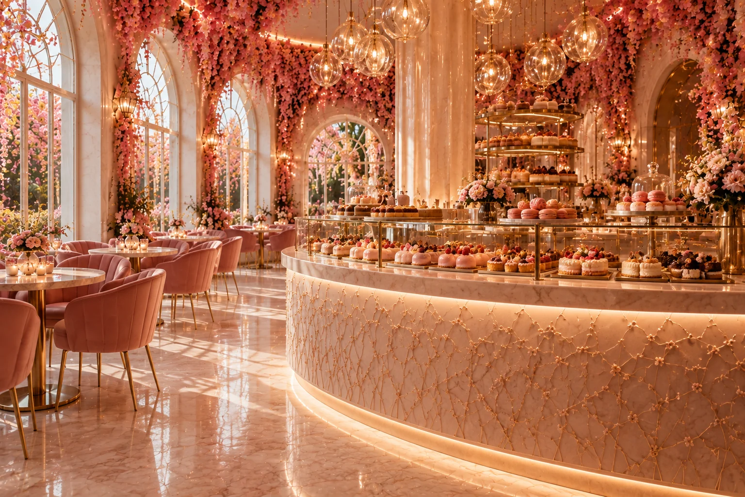 Curved pink stone pastry counter with glass display, globe pendants and hanging blossoms.