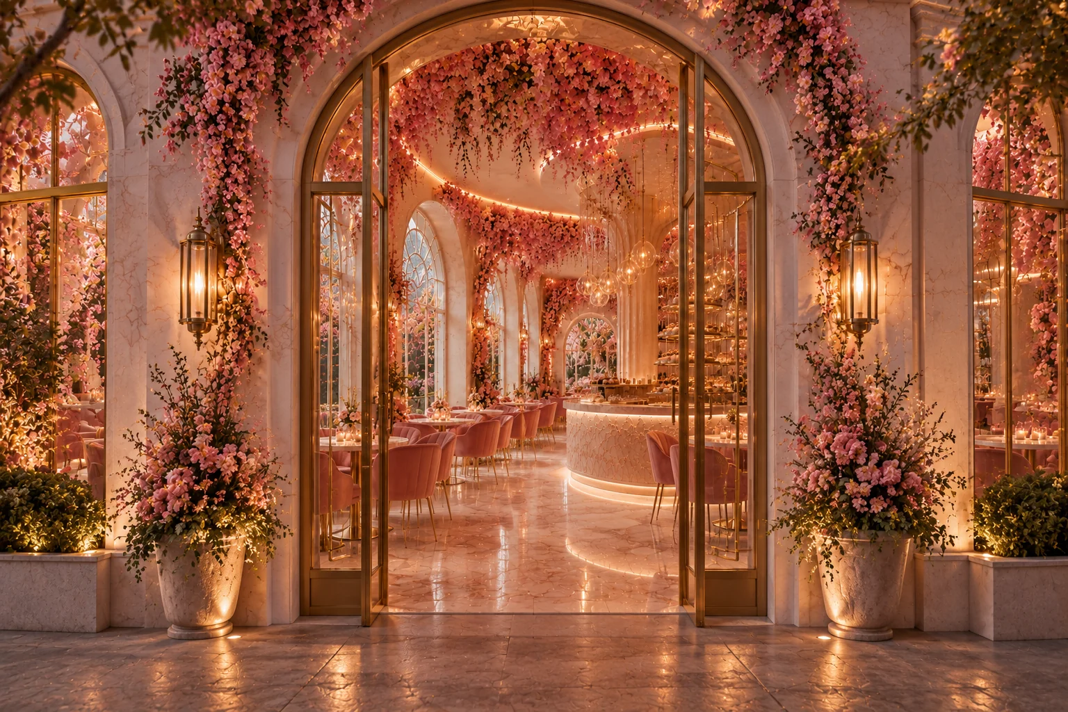 Arched brass-framed entrance opening into the pink floral patisserie.