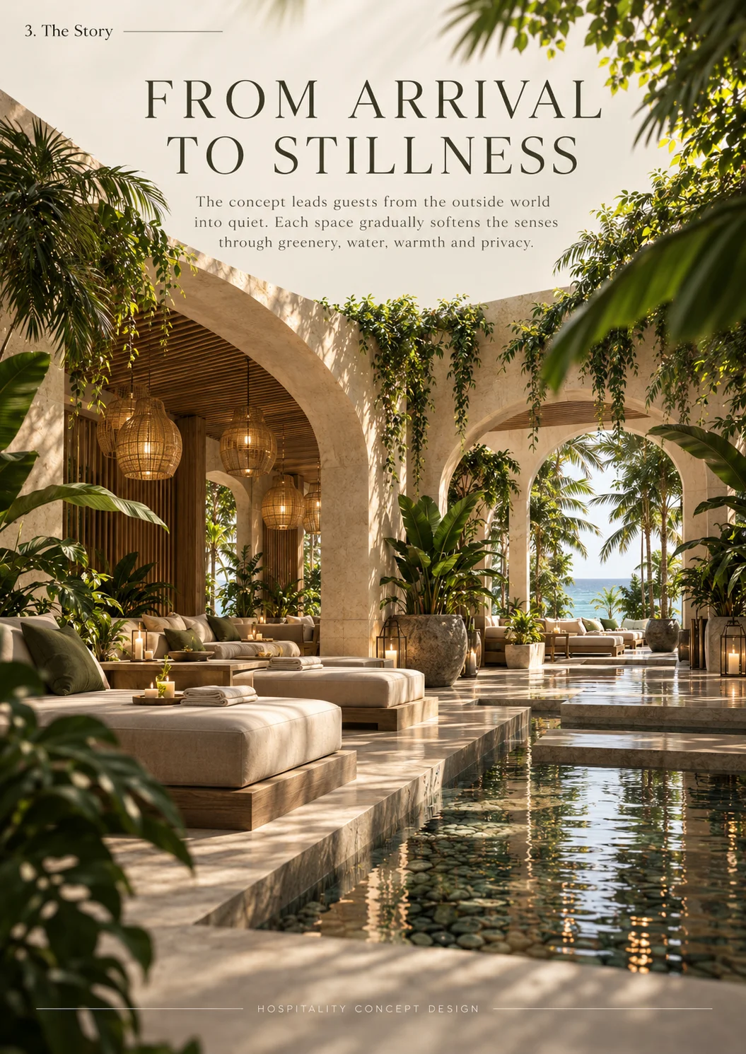 From arrival to stillness: water channels connect the ritual spaces.