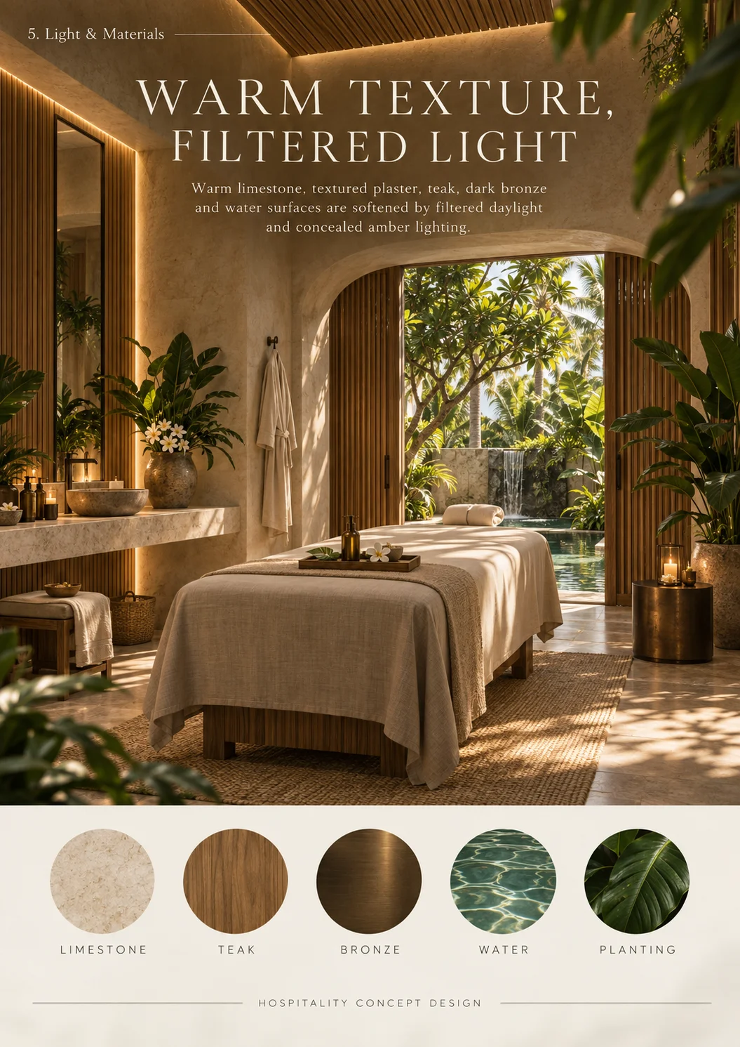 Warm texture and filtered light in the treatment rooms.