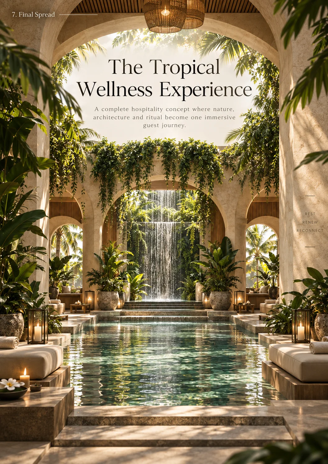 The tropical wellness experience: pool, waterfall and pavilion in one composition.