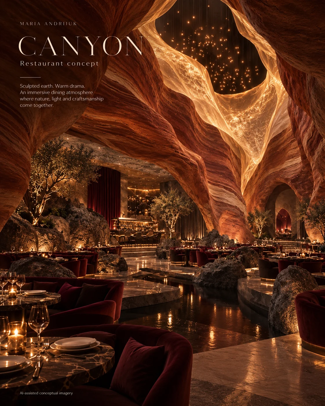 Wide interior view of the CANYON restaurant concept with sculpted red sandstone walls, intimate dining zones, reflective water channels and warm golden lighting.