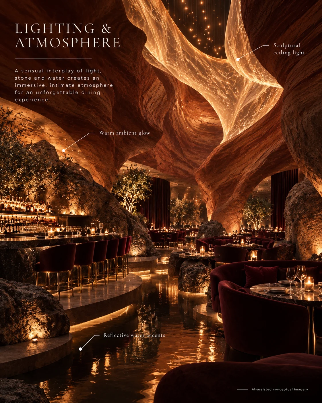 Lighting concept for CANYON Restaurant showing a glowing sculptural ceiling, warm architectural uplighting, candlelit dining areas and reflections across dark water.