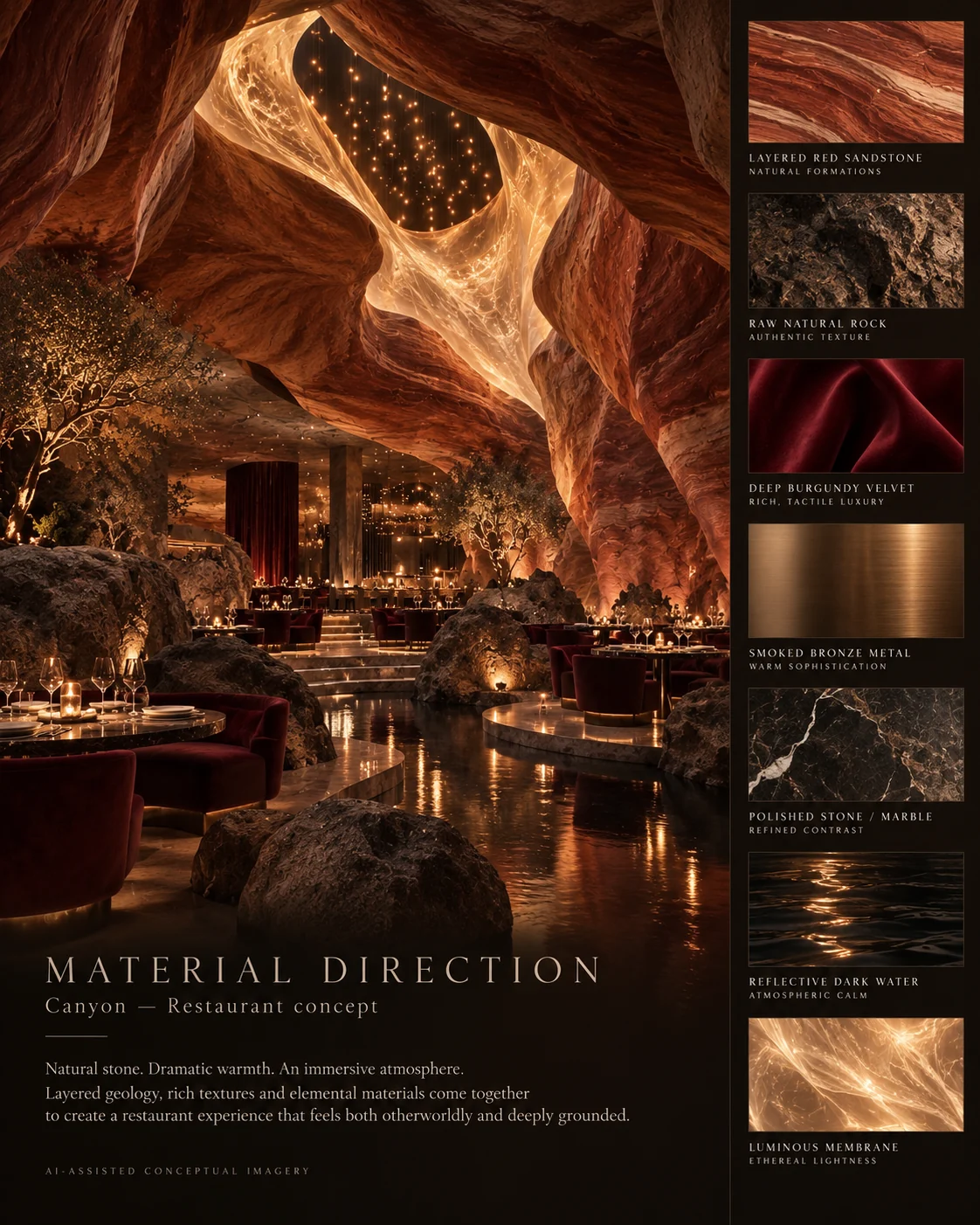 Material direction board for CANYON Restaurant featuring layered red sandstone, raw rock, burgundy velvet, smoked bronze, polished stone, reflective water and a luminous translucent membrane.