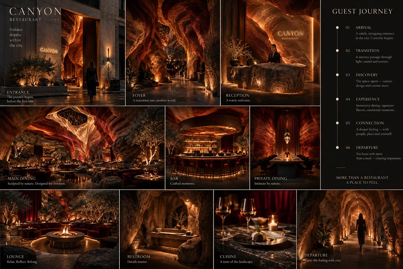 Guest journey storyboard for the CANYON restaurant concept, from arrival to the final table, with material and lighting notes.