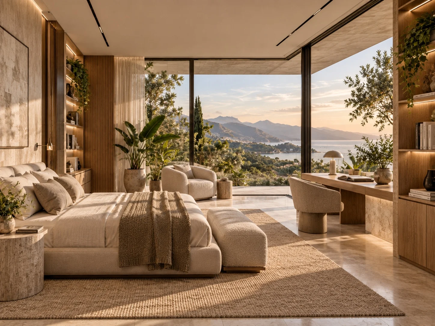 Softly furnished bedroom with an integrated timber desk, illuminated shelving and corner glazing framing trees and the coastline.