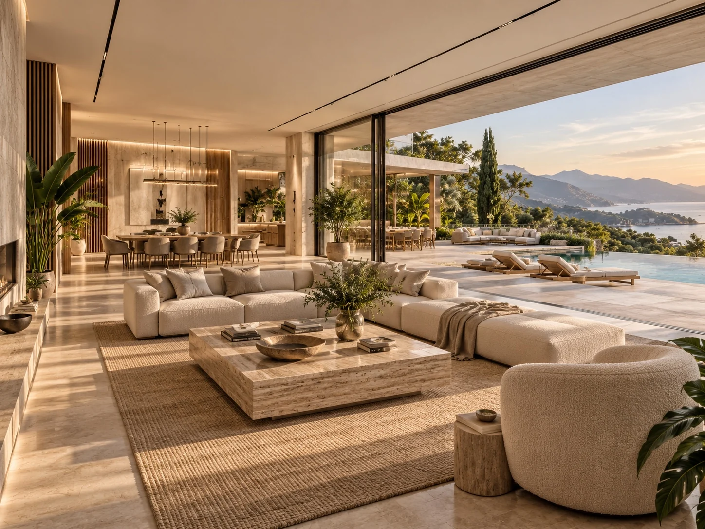 Pale upholstered seating, a low stone coffee table and dining area open towards the pool terrace through full-height glazing.