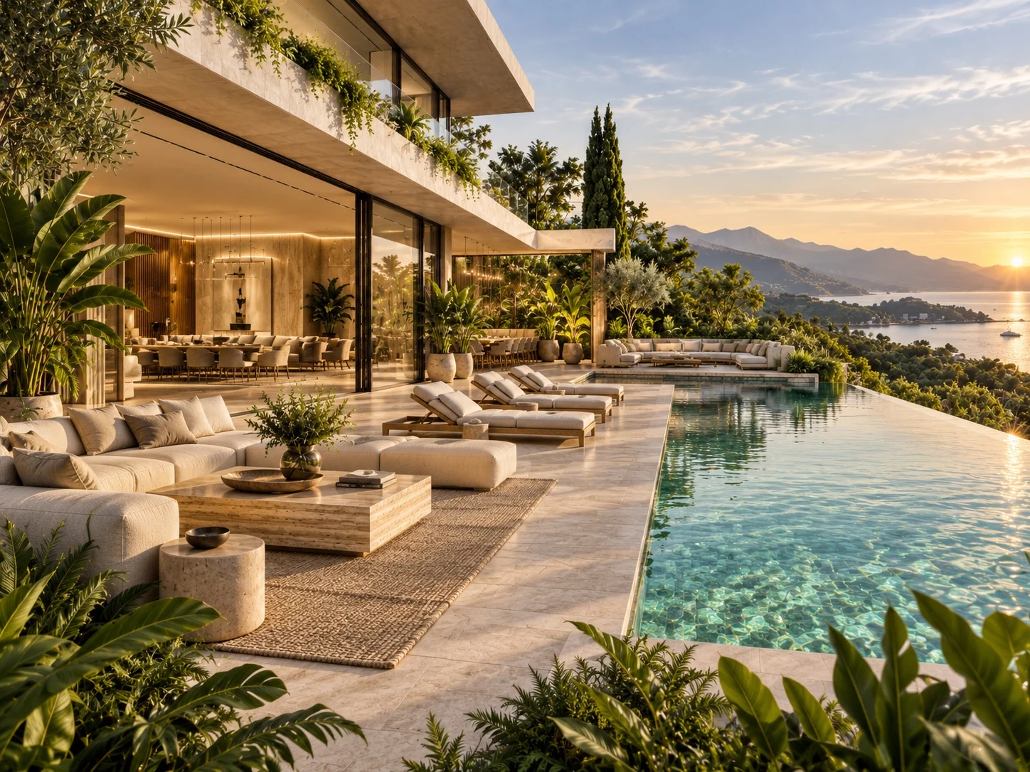Outdoor lounge and sun loungers beside a long infinity pool, with glazing opening into the villa and a coastal sunset beyond.