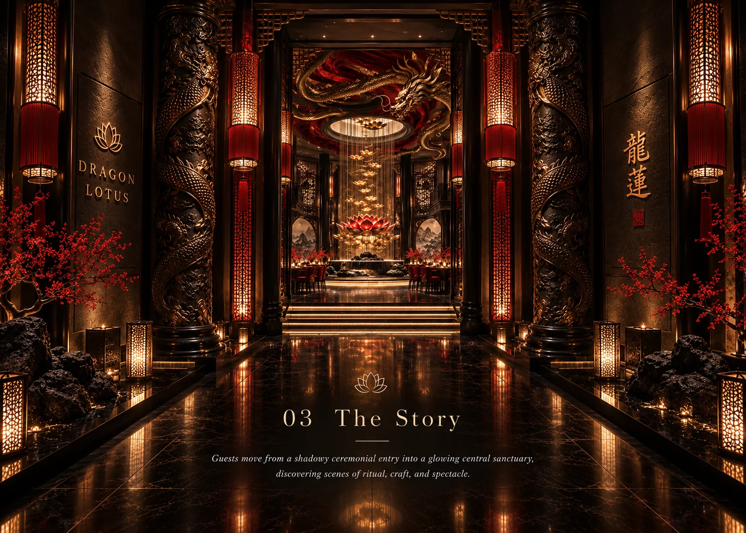 Dragon columns and gilded reliefs carry the narrative from threshold to table.