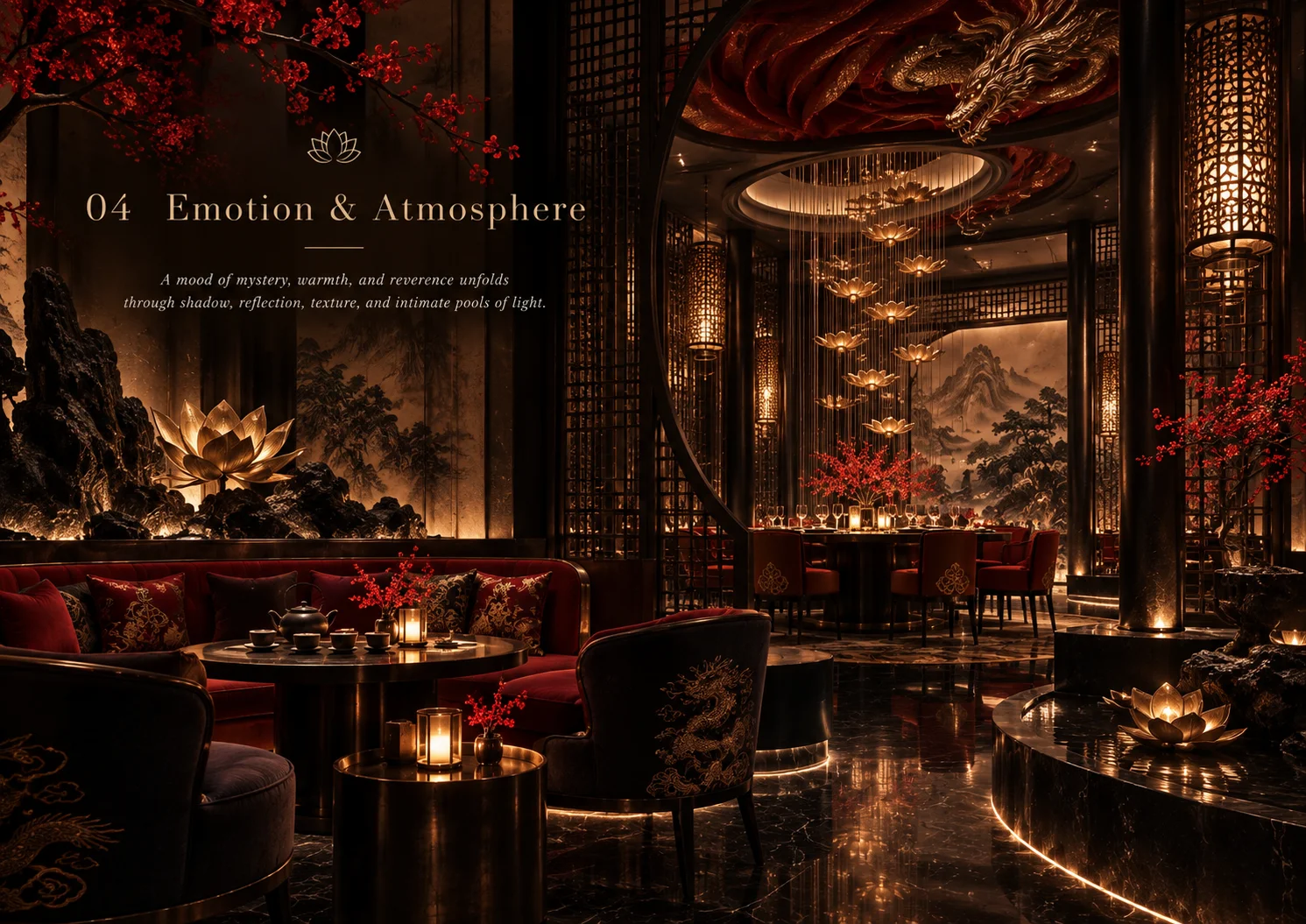 A tea lounge with lotus lamps slows the pace between courses.