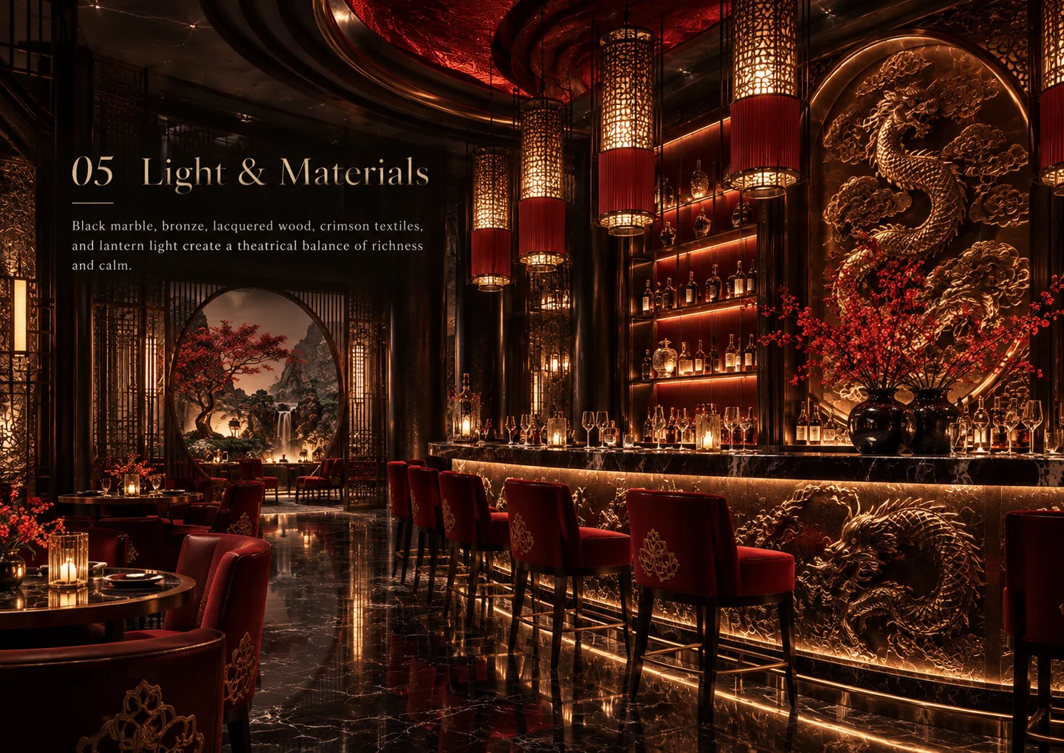 Red lacquer, carved gold, dark stone and lantern light in layered balance.