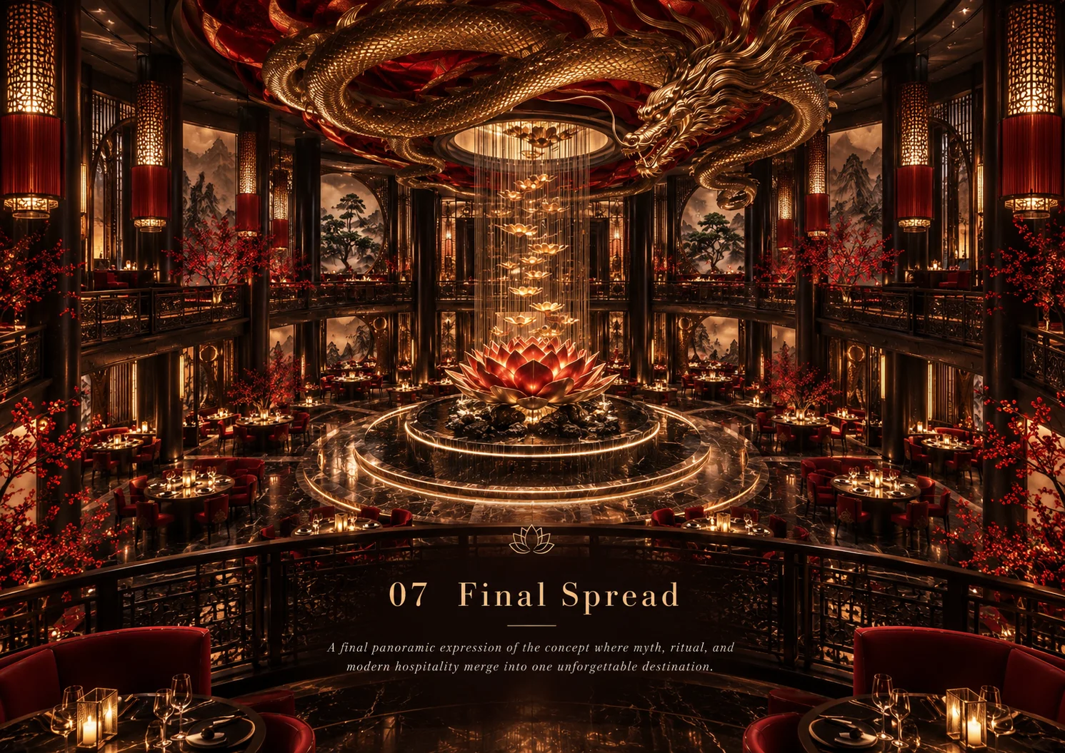 The grand hall beneath the golden dragon ceiling, where the full palette comes together.