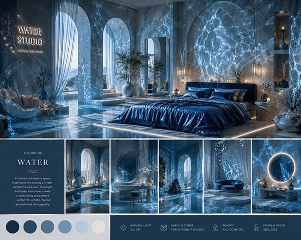 AI-assisted conceptual visualisation of a blue water-inspired photography studio with reflective surfaces, watery light projections, arched forms and a calm cinematic atmosphere.