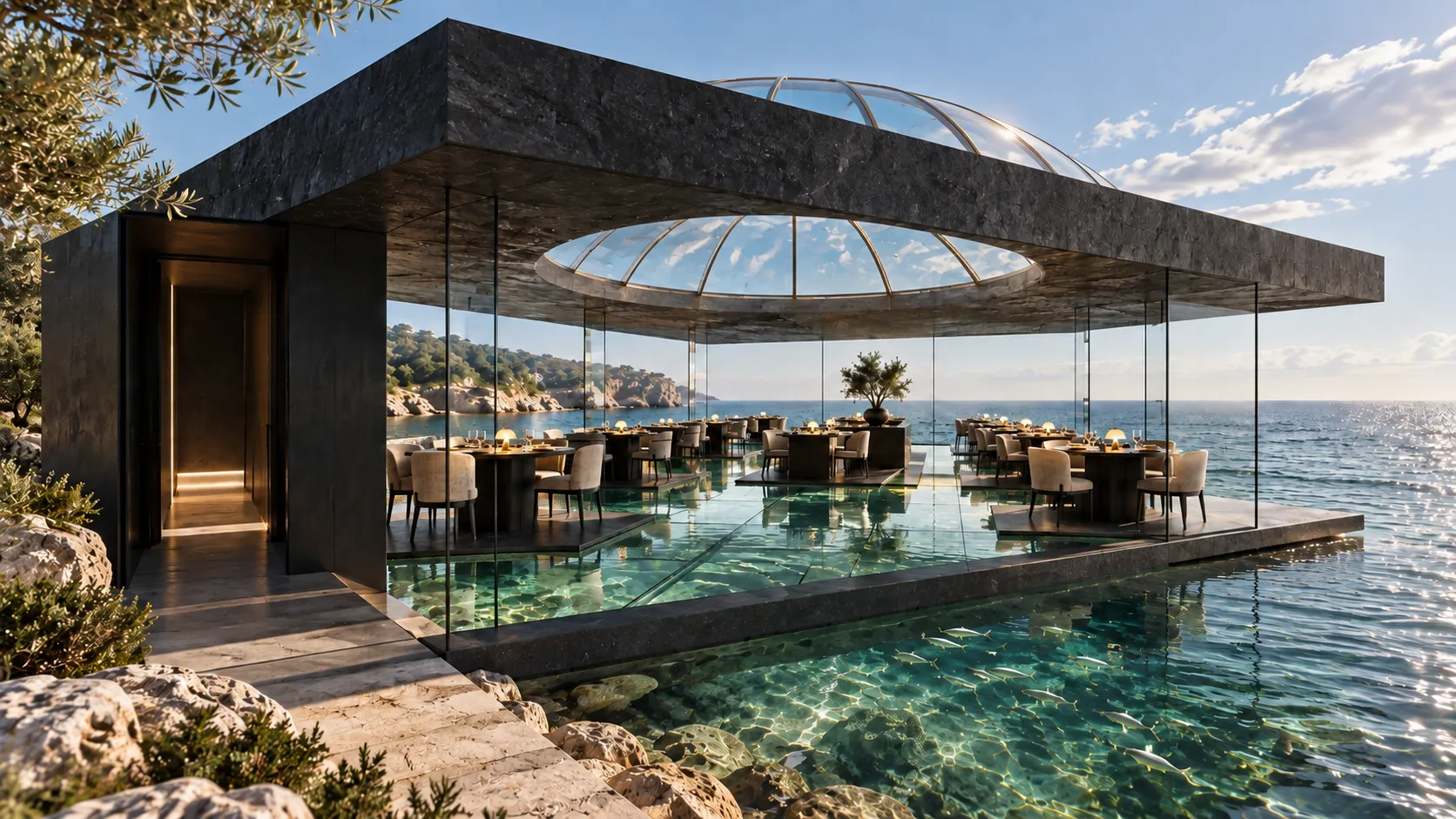 Exterior: the glass half-dome rises within a deep charcoal roof frame.