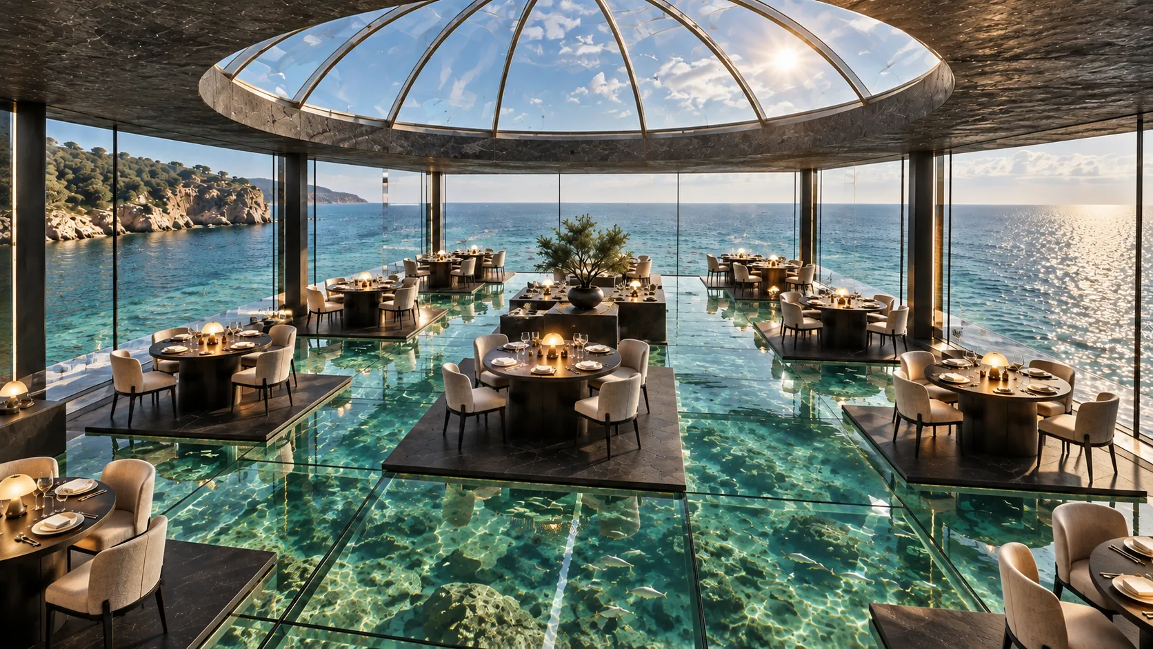 Spatial overview: dining islands sit between the transparent floor and the glazed crown.
