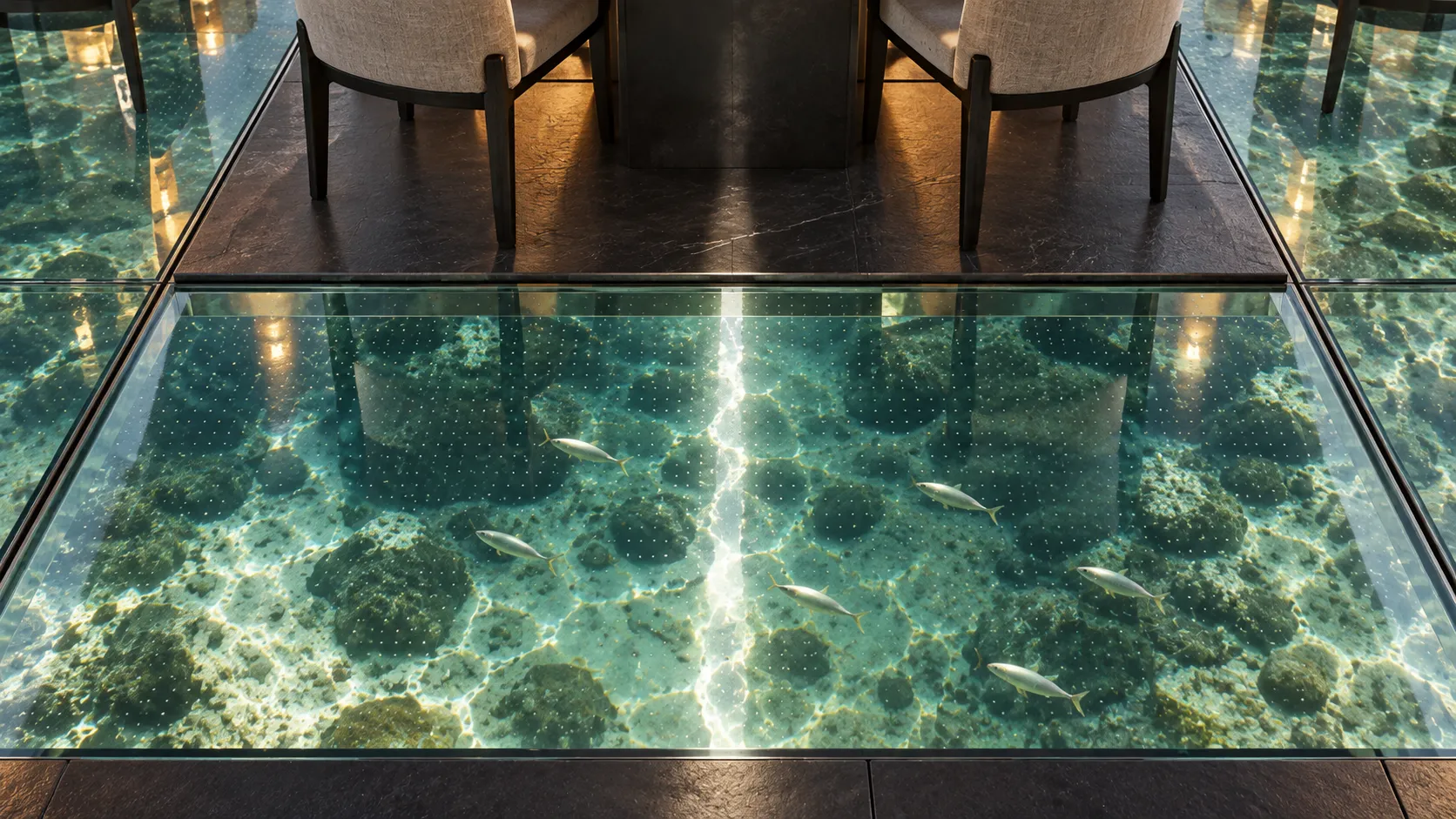 Underfoot: fish and water give every step a changing view.