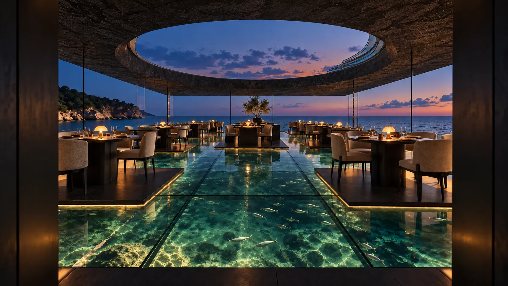 Evening: retracted panels open the center of the room to the sky.