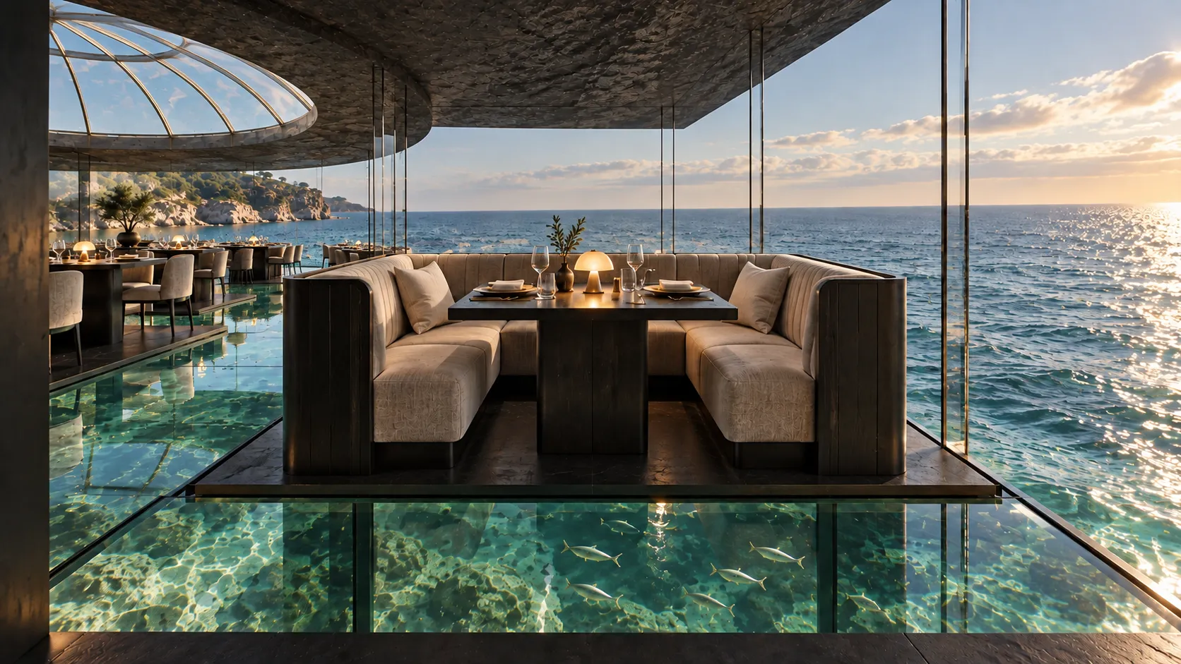 Window booth: an intimate seat between the sea, transparent floor and distant dome.