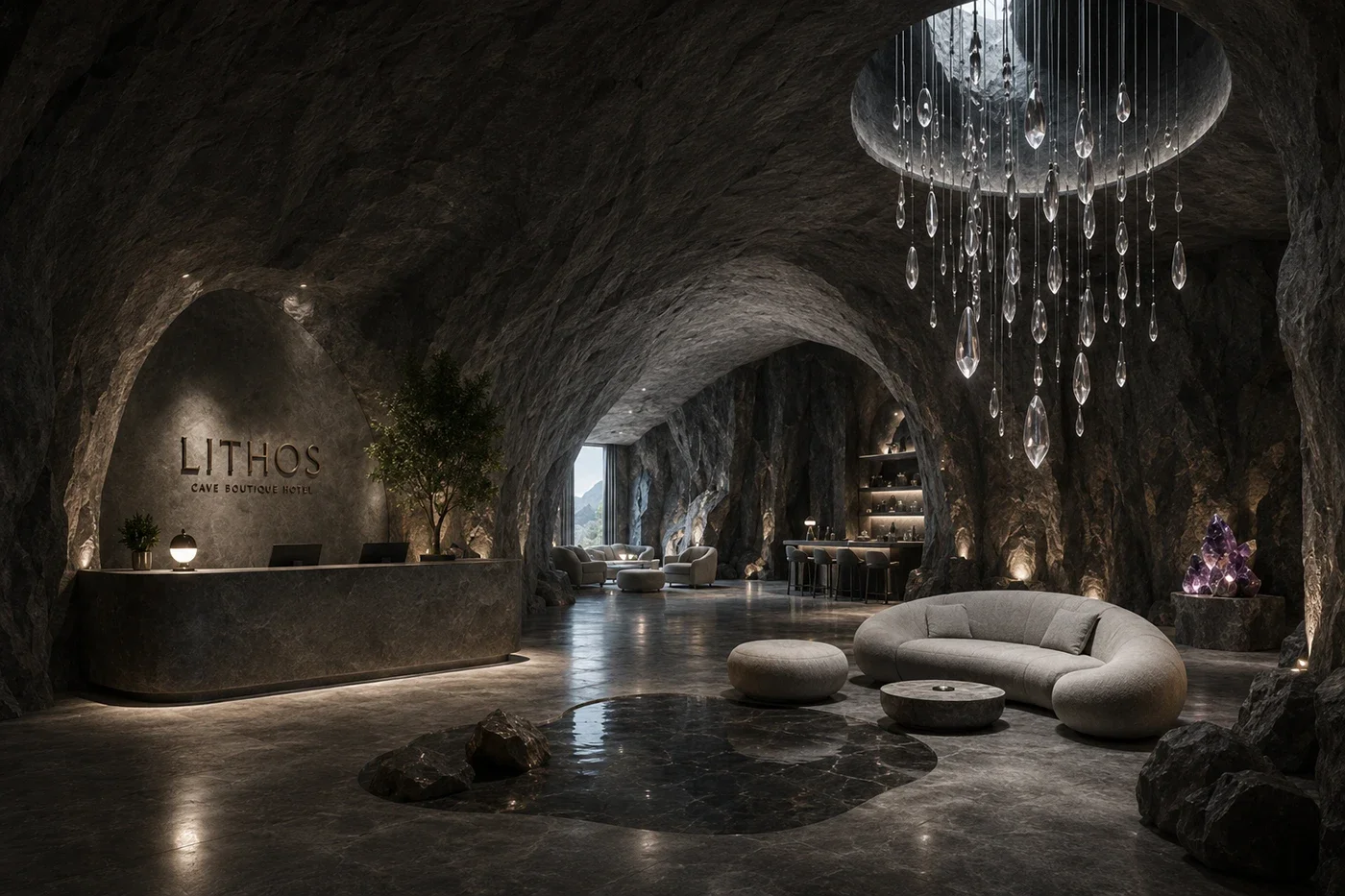 Hotel lobby carved as a cavern, with sculpted rock vaults, a crystal-drop chandelier, black reflecting pool and soft seating.