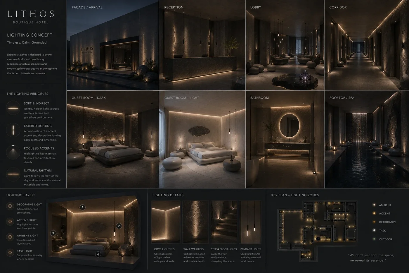 Lighting concept board for LITHOS: facade, reception, lobby, corridor, rooms, bathroom and rooftop-spa lighting layers with a zoning key plan.
