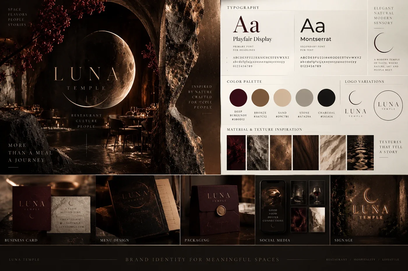 LUNA TEMPLE brand identity board: logo, typography, colour palette, materials and applications for the Moon Temple restaurant.