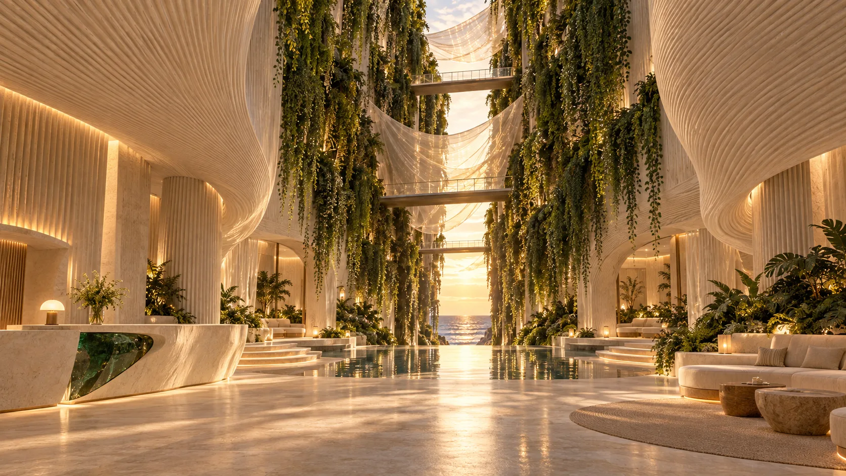 Arrival lobby inside the cut, wrapped in ribbed lime plaster and hanging greenery, opening to the sea.
