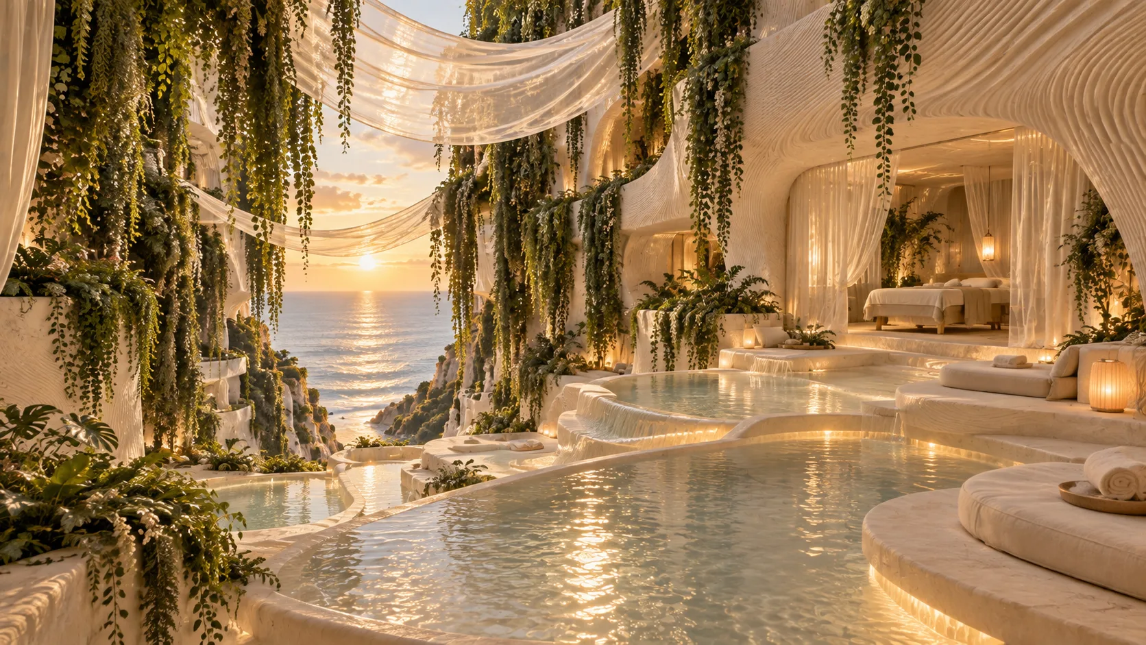 Spa terraces with cascading warm pools, sheer canopies and sunset views to the open sea.