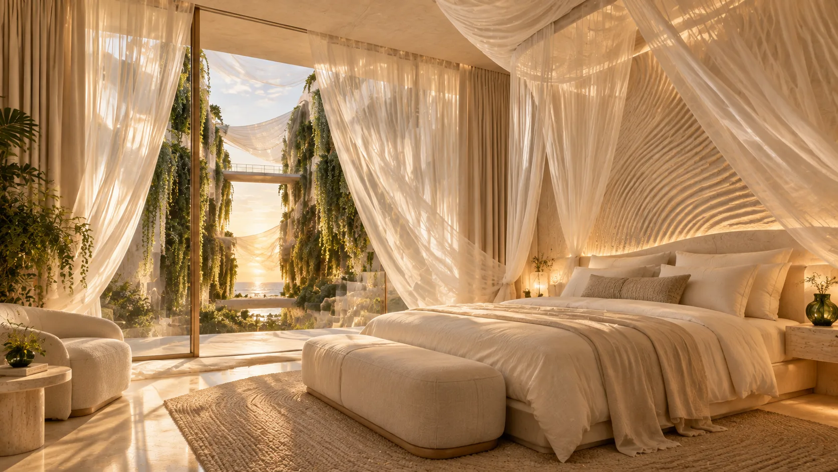 Guest suite with an almost-transparent bed canopy and layered tulle filtering the sea view.