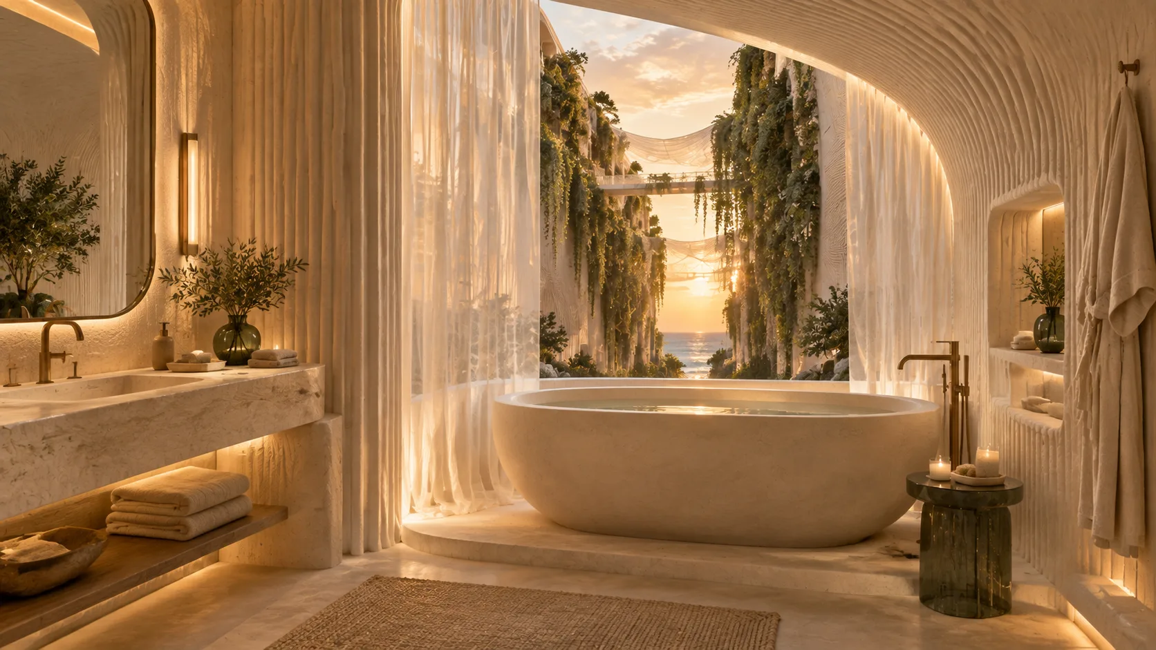 Bathroom with a sculpted stone tub facing the green cut and the sea, filtered through tulle.