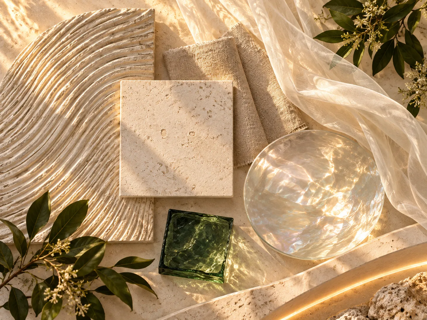 Material palette for NACRA: ribbed lime plaster, pale travertine, linen, sheer tulle, pearlescent glass and one deep green glass accent.