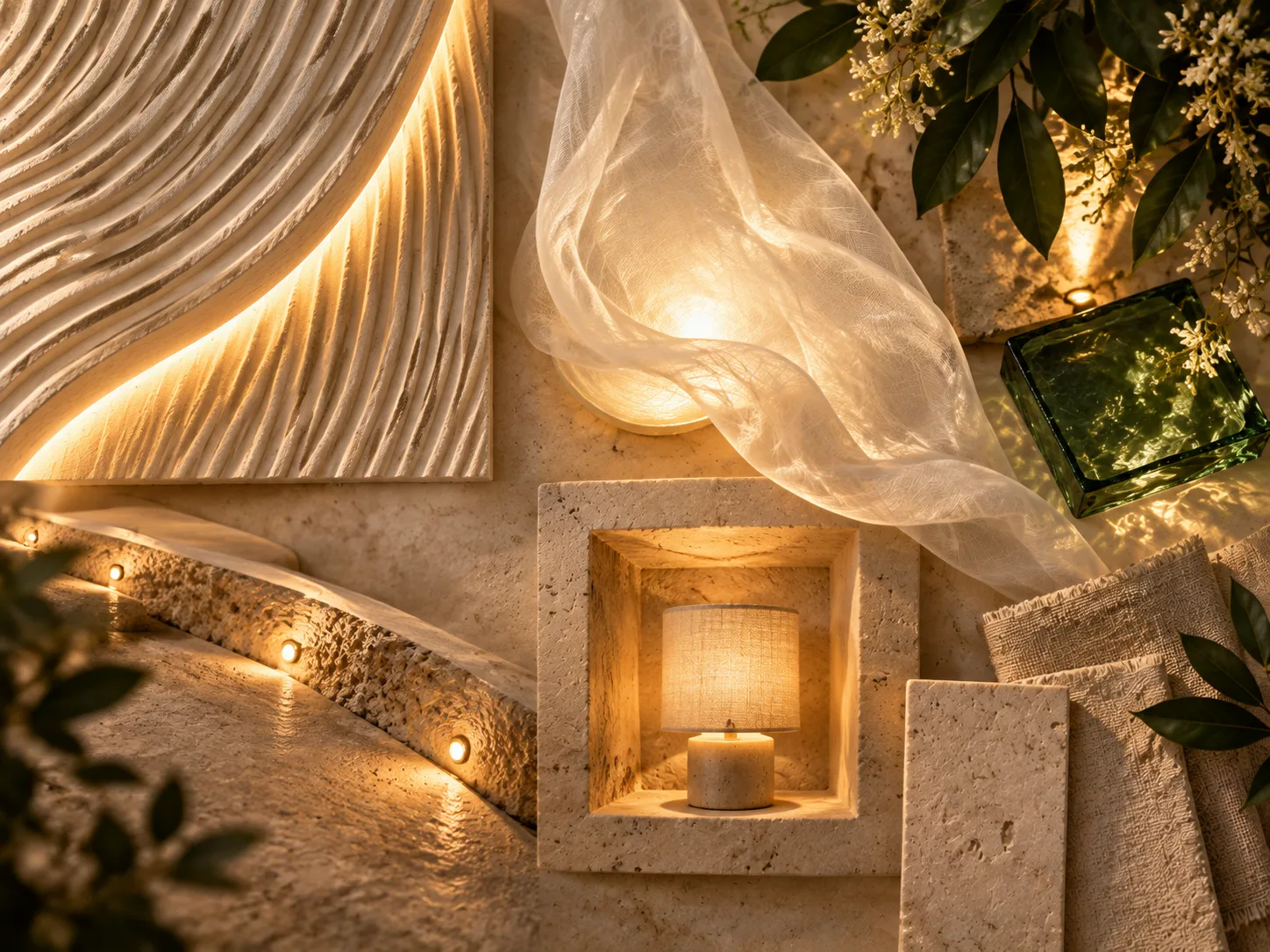 Lighting palette for NACRA: concealed amber light grazing ribbed plaster, glowing niches and lantern-warm details.