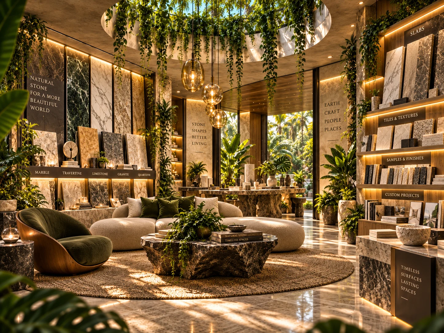 Biophilic NATURA showroom lounge with large-format stone slabs, illuminated sample shelves, curved seating, natural wood, hanging greenery and a central oculus.