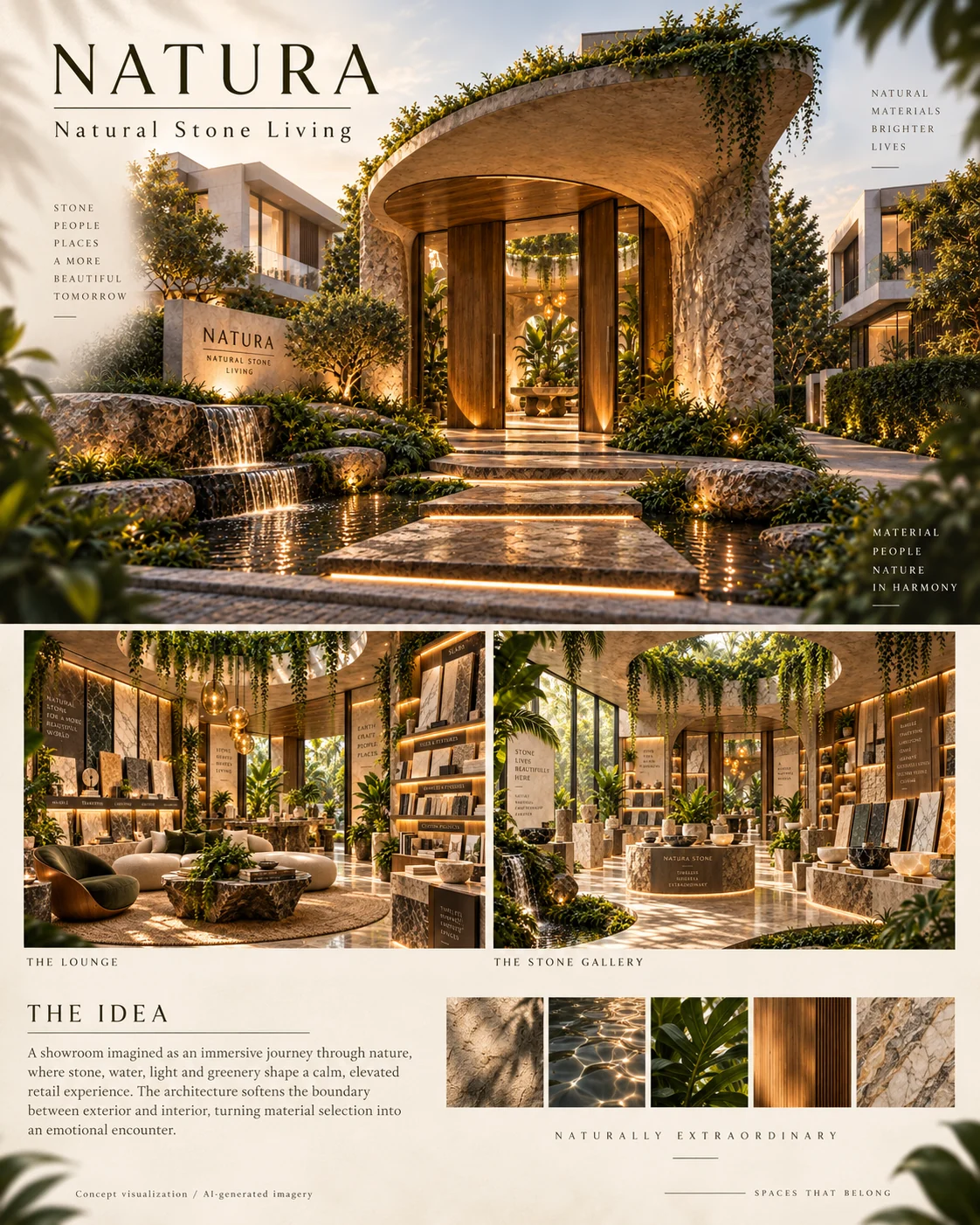 NATURA — The Idea Editorial presentation board explaining the project concept.