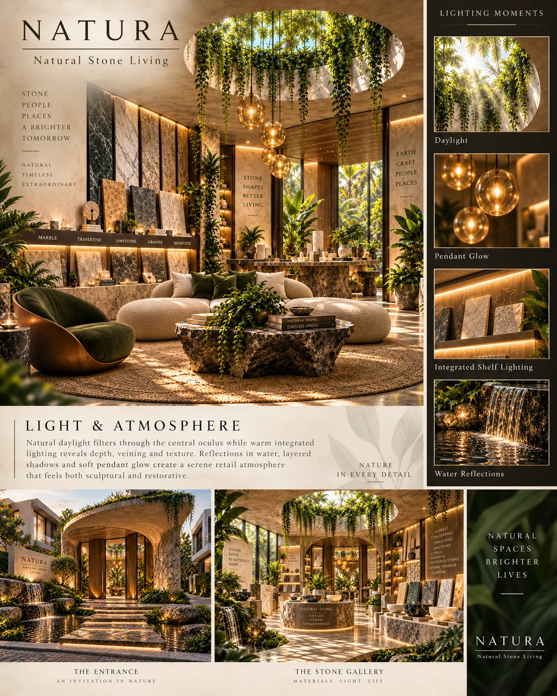 NATURA — Light & Atmosphere Presentation board explaining daylight, integrated lighting, pendants and water reflections.