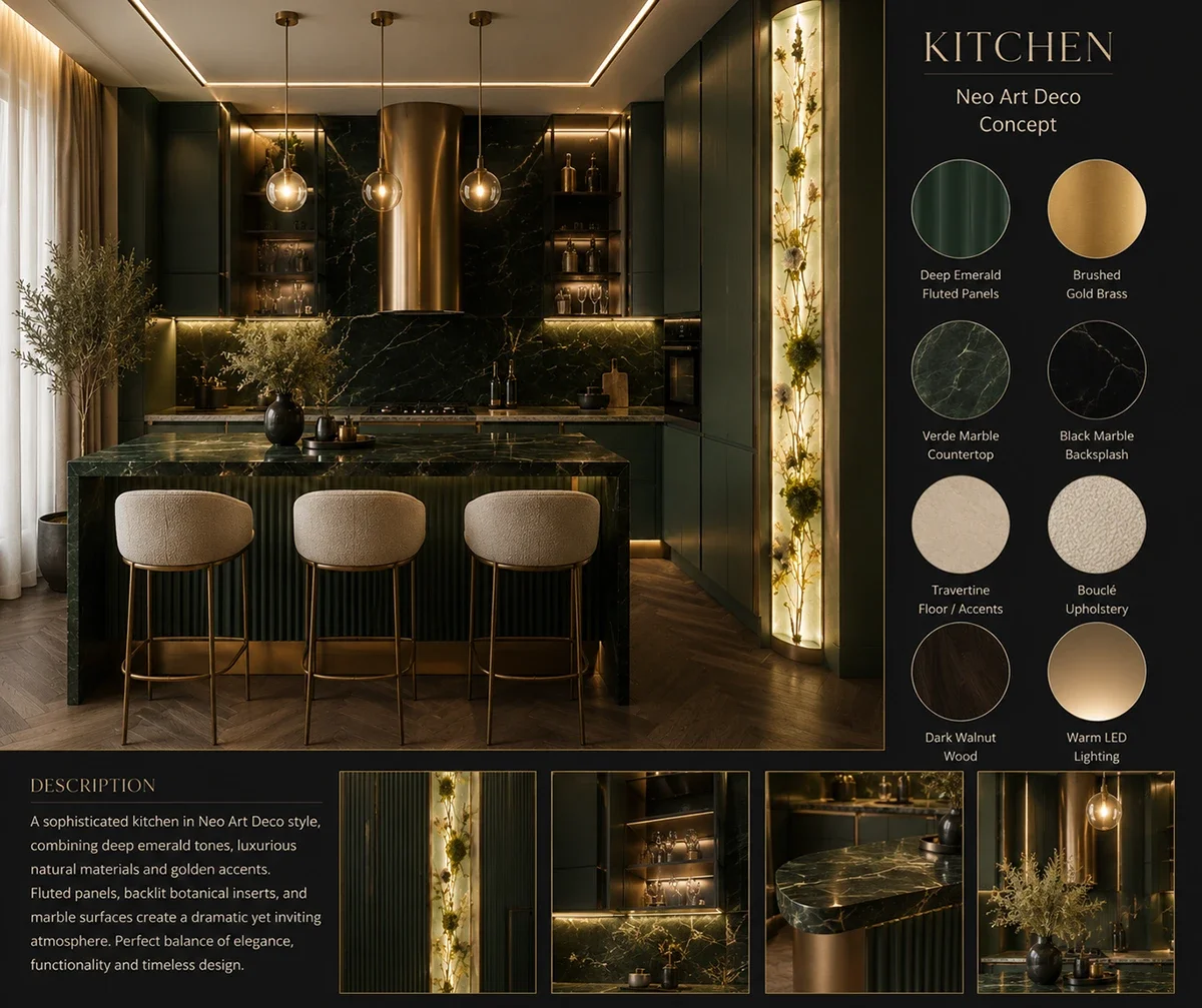 Neo Art Deco kitchen with verde marble island, brass extractor, fluted emerald cabinetry and the full material palette.