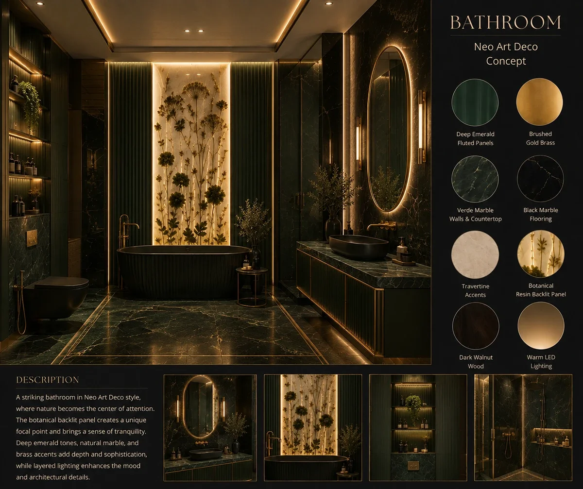Neo Art Deco bathroom with black marble, a fluted bath, brass fittings and a botanical backlit feature panel.