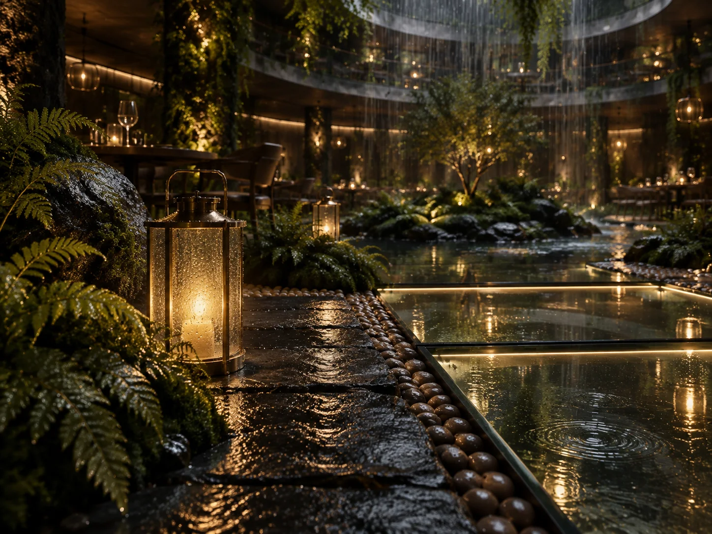 PETRICHOR garden restaurant concept board 5: Wet charcoal stone, a rain-covered brass lantern and a glass floor panel over glowing water.