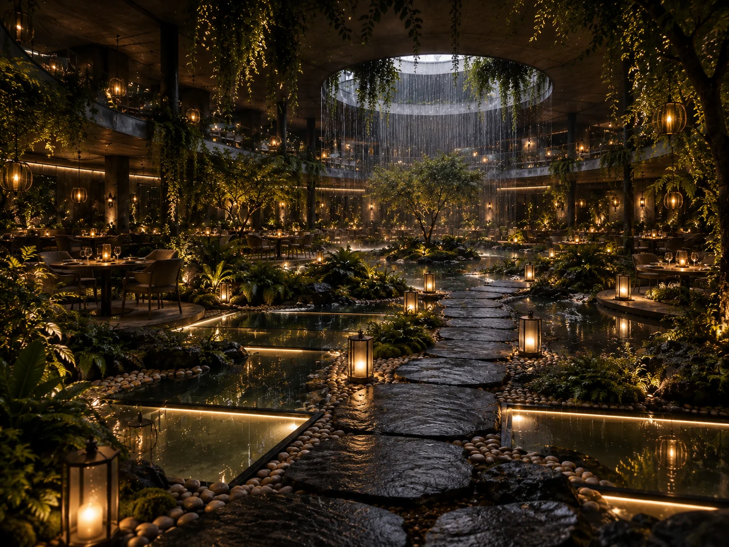 PETRICHOR garden restaurant concept board 6: Stepping stones and glowing glass panels cross the ponds towards the oculus.