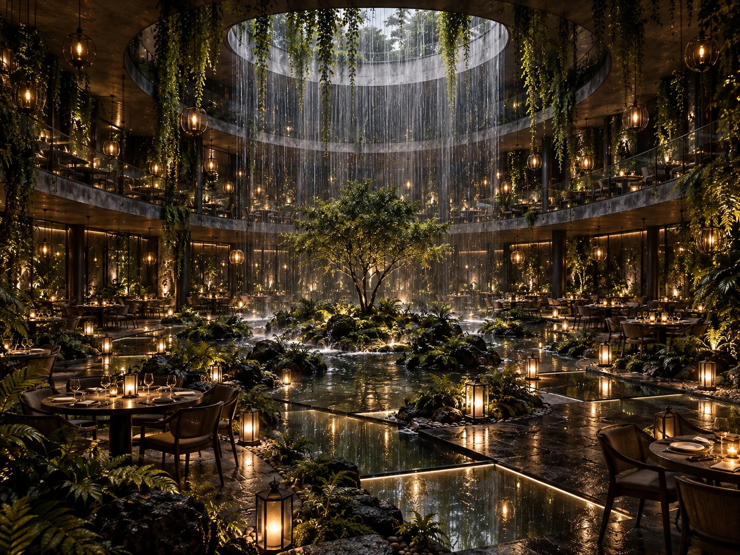 PETRICHOR garden restaurant concept board 7: The full dining hall with the rain curtain, central pond, lanterns and garden terraces.
