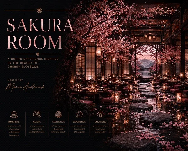 Sakura Room presentation with pink cherry blossoms, lantern-lit dining tables, reflective water and stepping stones.