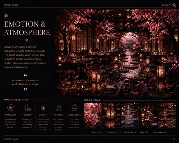 Sakura Room atmosphere board showing intimate table settings, lanterns, water reflections and pink blossoms.