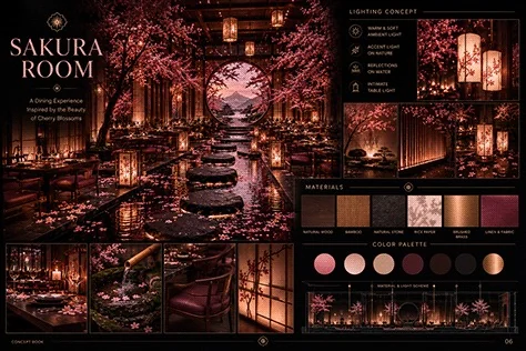 Sakura Room material and lighting presentation with timber, stone, fabric, warm light and pink colour swatches.