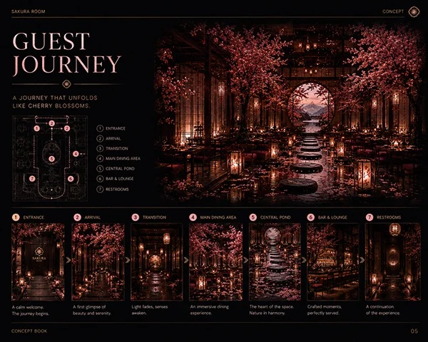 Sakura Room conceptual guest journey board showing arrival, dining, pond, bar and supporting spaces.