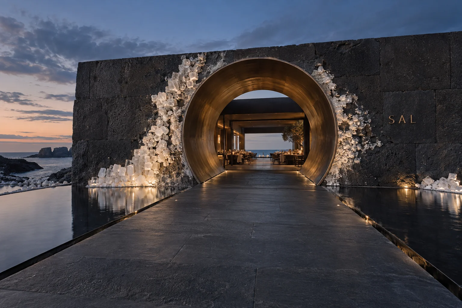 A round bronze entrance and salt crystals mark the threshold from coast to interior.