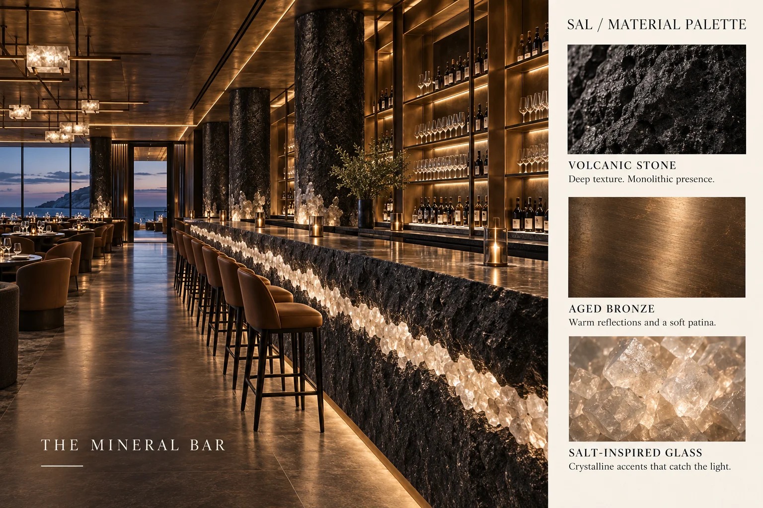 Volcanic stone, aged bronze and salt glass form the mineral bar.