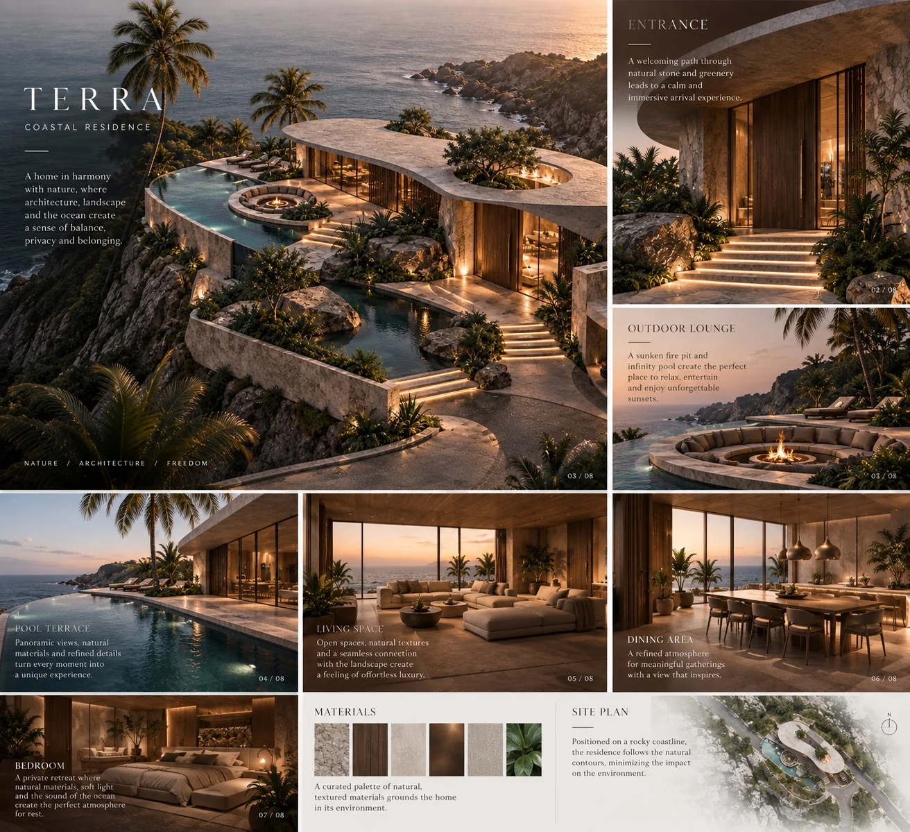 TERRA Coastal Residence concept presentation showing the exterior, entrance, pool terrace, living and dining spaces, bedroom, material palette and conceptual site plan.