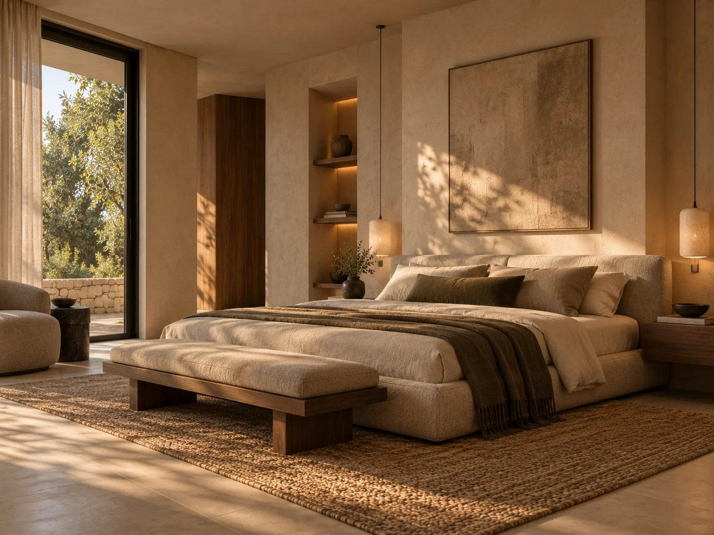Minimal bedroom with soft linen bedding, walnut joinery and gentle filtered light.