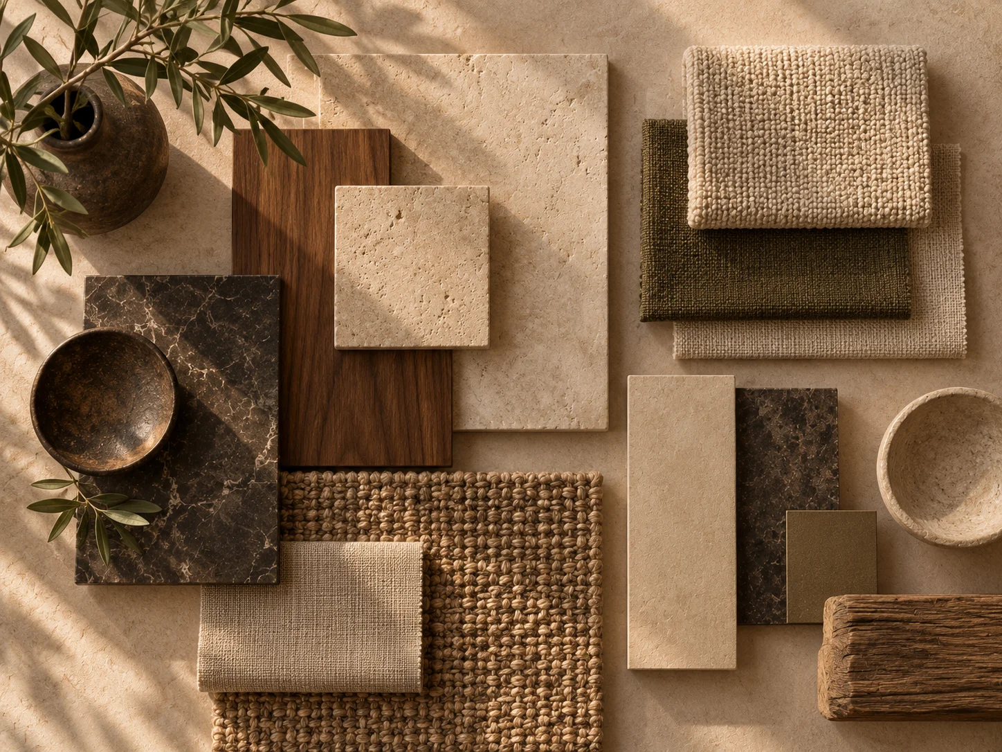 Material flatlay with travertine, walnut, dark marble, jute, bouclé and aged bronze samples.