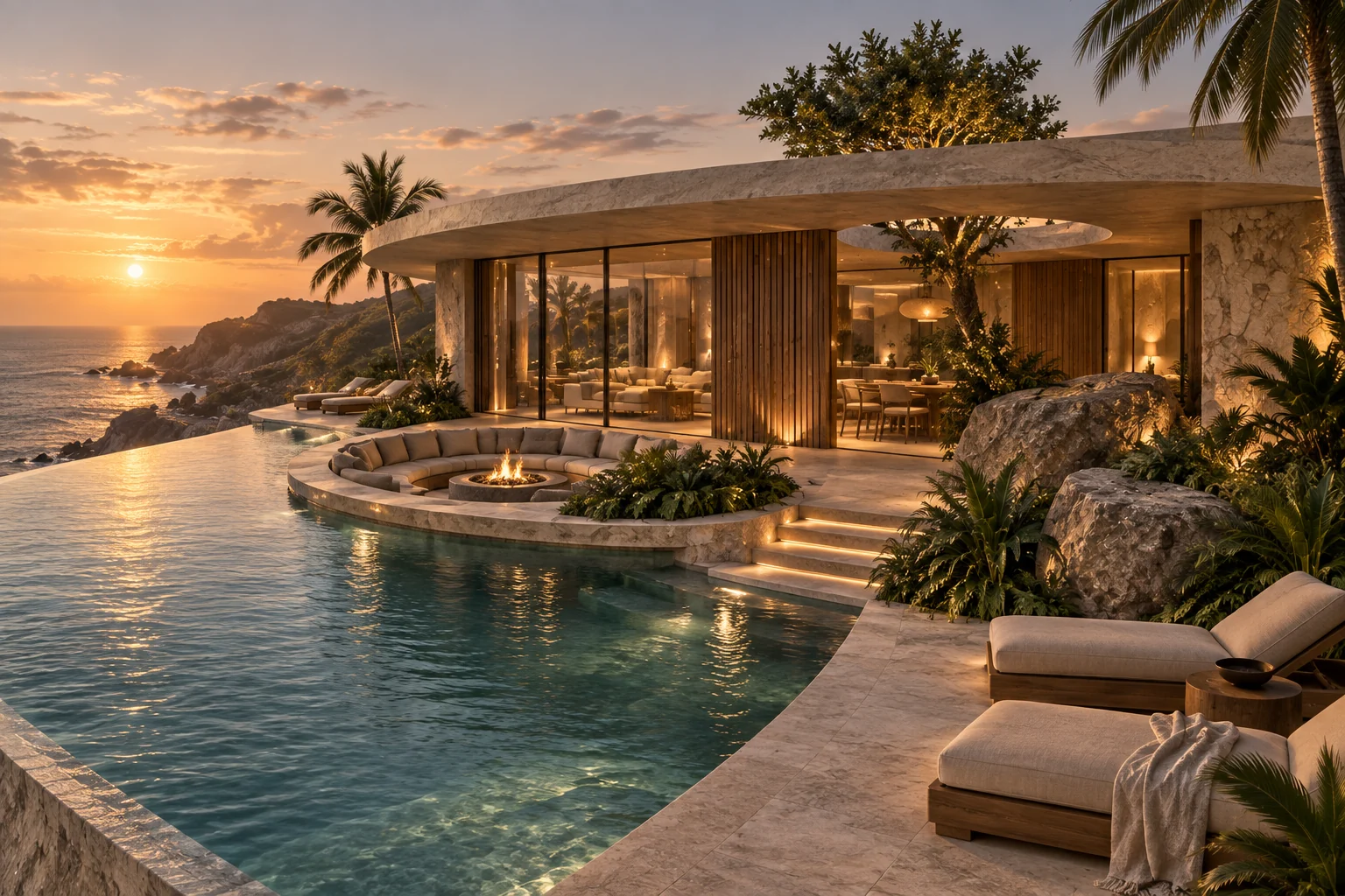 Curved infinity pool, circular fire lounge and sweeping stone roof above the coast.